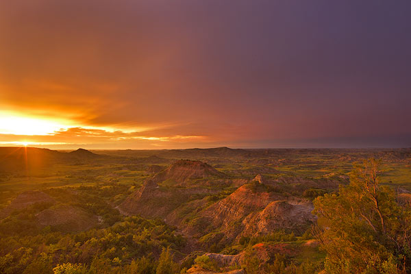 Sunset during thunderstorm at Painted Canyon in Theodore Roosevelt National Park; National Park, North Dakota, USA